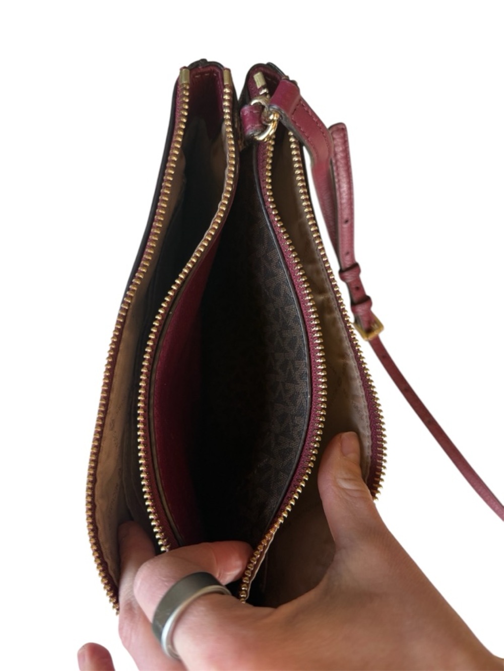 Michael Kors Pebbled Leather Two Toned Crossbody - Burgundy/Wine & Monogram - Picture 4 of 8